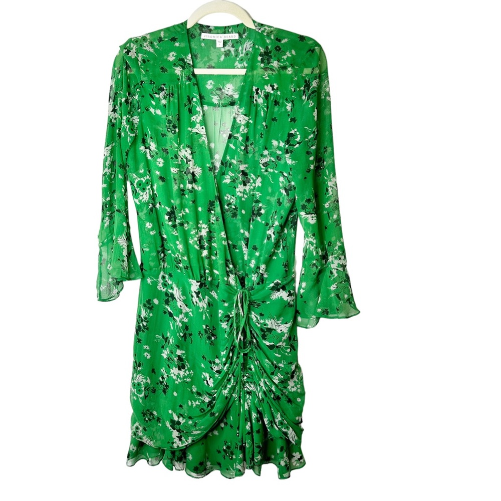 Veronica Beard Sean Floral-print Silk Dress Green Multi Ruched Bell Sleeves 8 - Picture 8 of 15